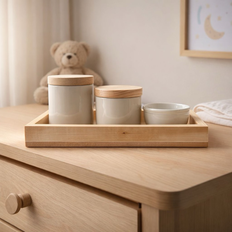 Kit Higiene Bebê Porcelana Branca Menina Menino Molhadeira, Potes Porta Algodão e Cotonete e Bandeja de Madeira 4 peças