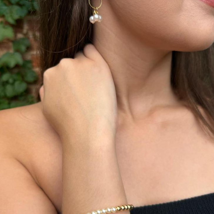 Conjunto Pulseira Perola Dourada Brinco Argola Feminino Joias Kit Delicado ABS