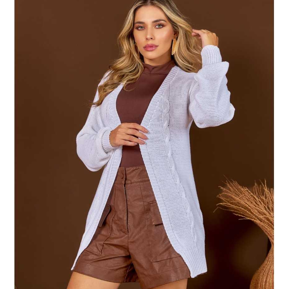 Cardigan Feminino Tricot Tranças Canelados Tricô Elegante Estiloso Outono Inverno