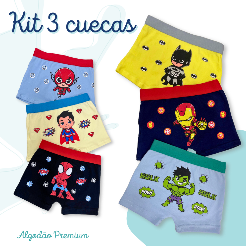Kit Cuecas Infantis de Algodão, 2 unidades e 3 unidades, Cotton Premium - Estampas Sortidas Personagens