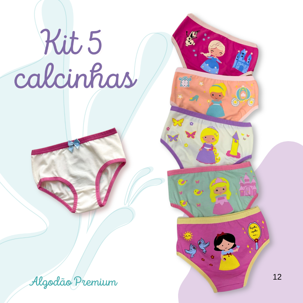 Kit Calcinhas Infantis de Algodão, 3 unidades e 5 unidades, Cotton Premium - Estampas Sortidas Personagens em Oferta na Shopee