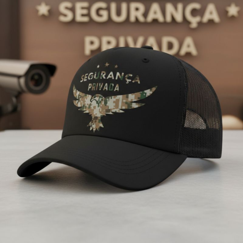 Boné Trucker Segurança Privada – Estampa Camuflada | Preto