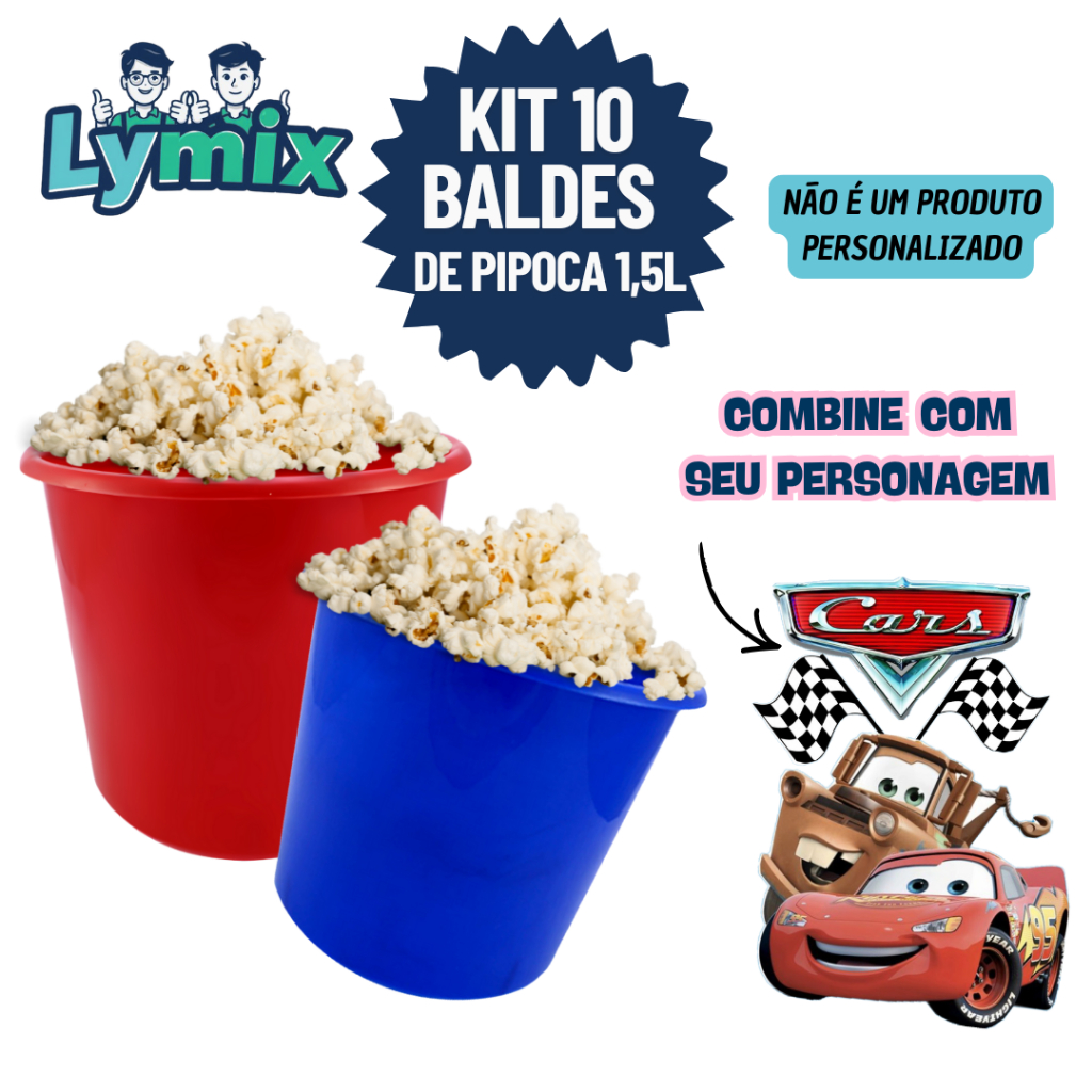 KIT 10 BALDES DE PIPOCA 1,5L PP PARA PERSONALIZAR E ADESIVAR FESTA/ RELAMPAGO MCQUEEN - VARIOS TEMAS em Oferta na Shopee