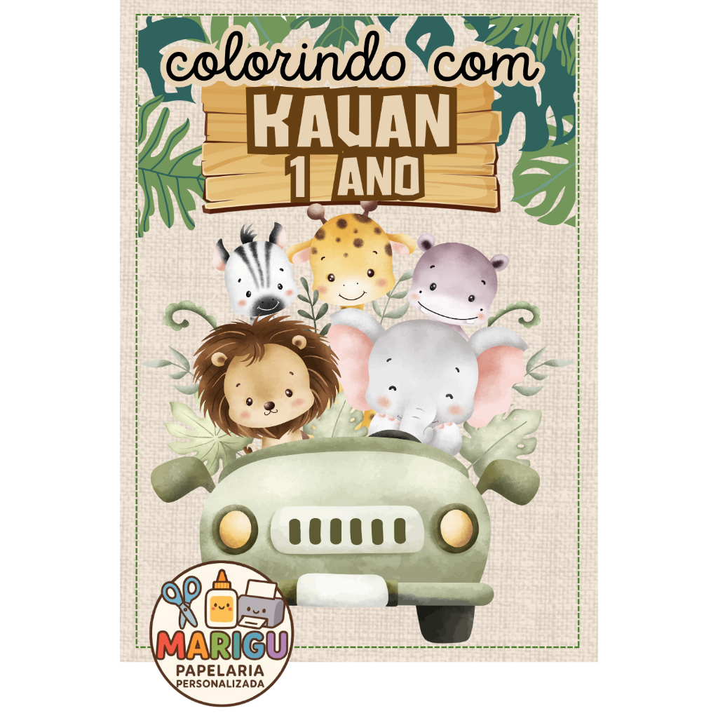 Mini Livro de colorir personalizado lembrancinha aniversario Safari Menino Menina