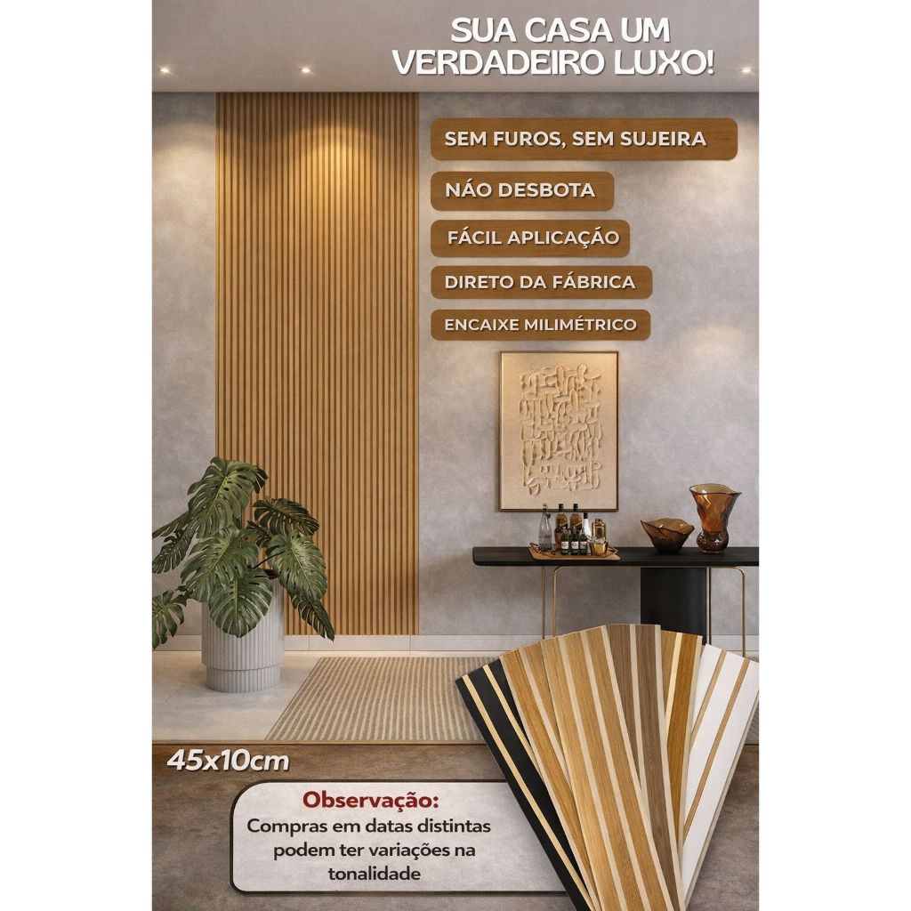 Kit 5 À 50 Placas Ripada Premium Autocolante Madeira MDF 45x10 Decorativo Quarto Sala Tv Escritório em Oferta na Shopee