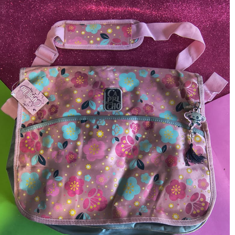 Bolsa Carteiro Capricho Azul e Rosa Vintage Grande