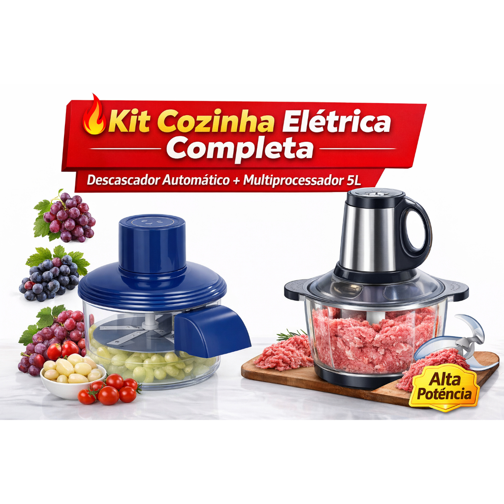 Kit Cozinha Prática: Descascador Elétrico Portátil + Moedor Multiprocessador 5L Inox 110V ou 220V
