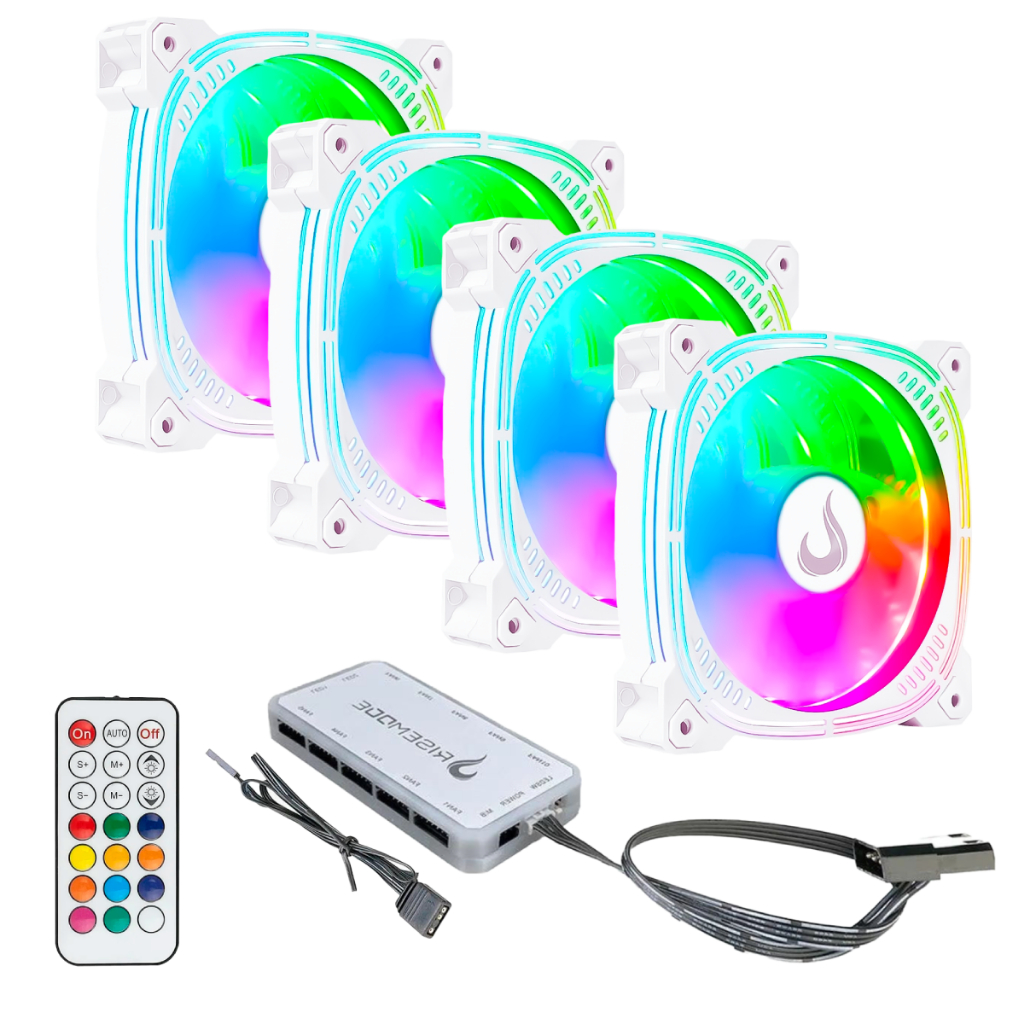 Kit 4 Fans Cooler Ventoinhas | Rise Mode Aura Frost Pro White Argb C/ Controladora Hub Pc Gamer