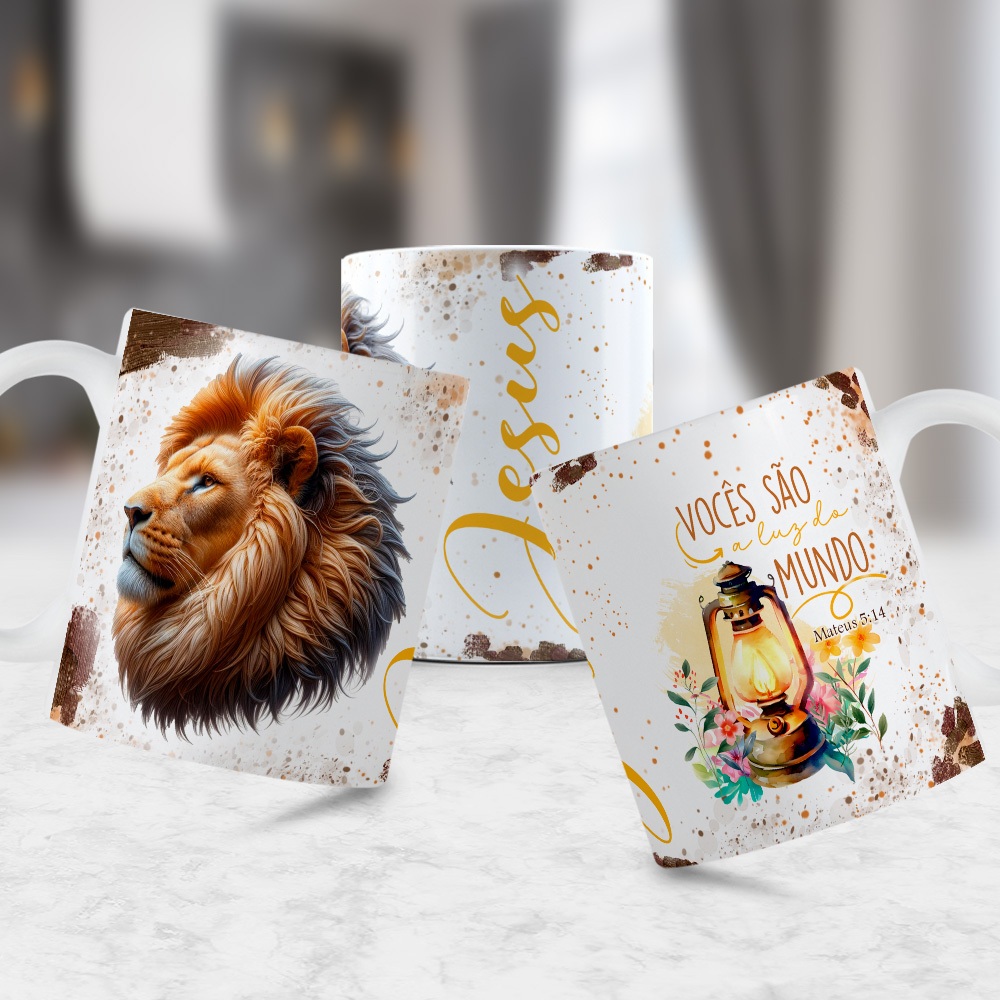 Caneca Personalizada Unykk Jesus Leão de Judá com Frase "Vocês São a Luz do Mundo -  Mateus 5:14"