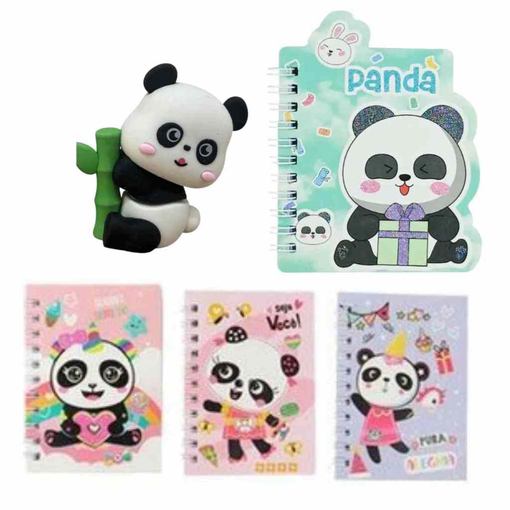 Kit Escolar Panda: 3 Blocos Espiral + Bloco Grande com Glitter + Borracha Gigante