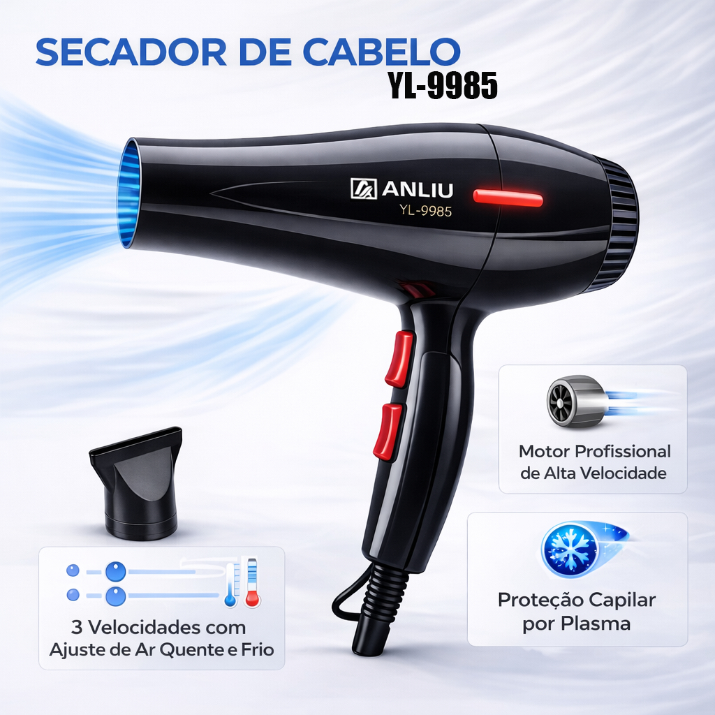 Secador de Cabelo Profissional YL-9985 Motor de Alta Fluxo de Ar 2 Velocidades 3 Temperaturas Anliu