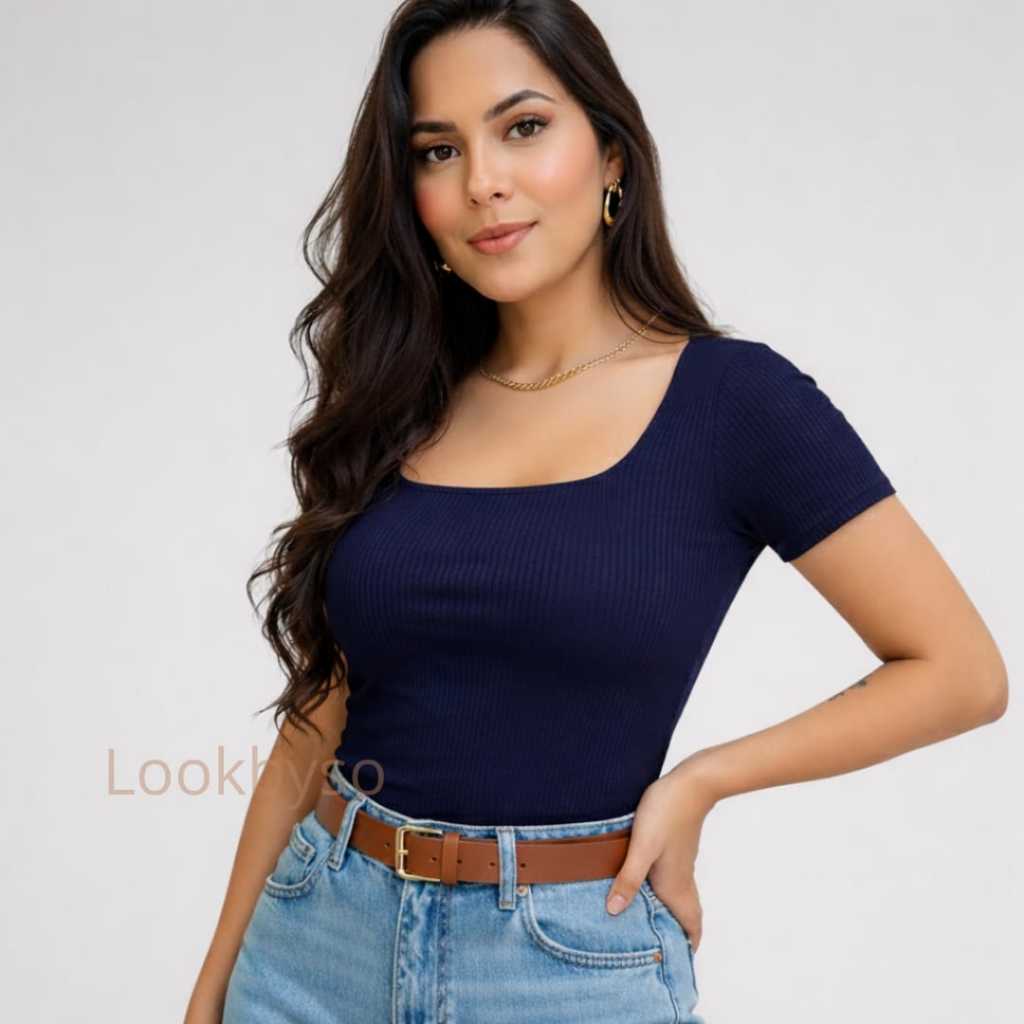 Blusa Feminina Canelada Básica Decote Quadrado Manga Curta Dia a Dia Casual Elegante Trabalho