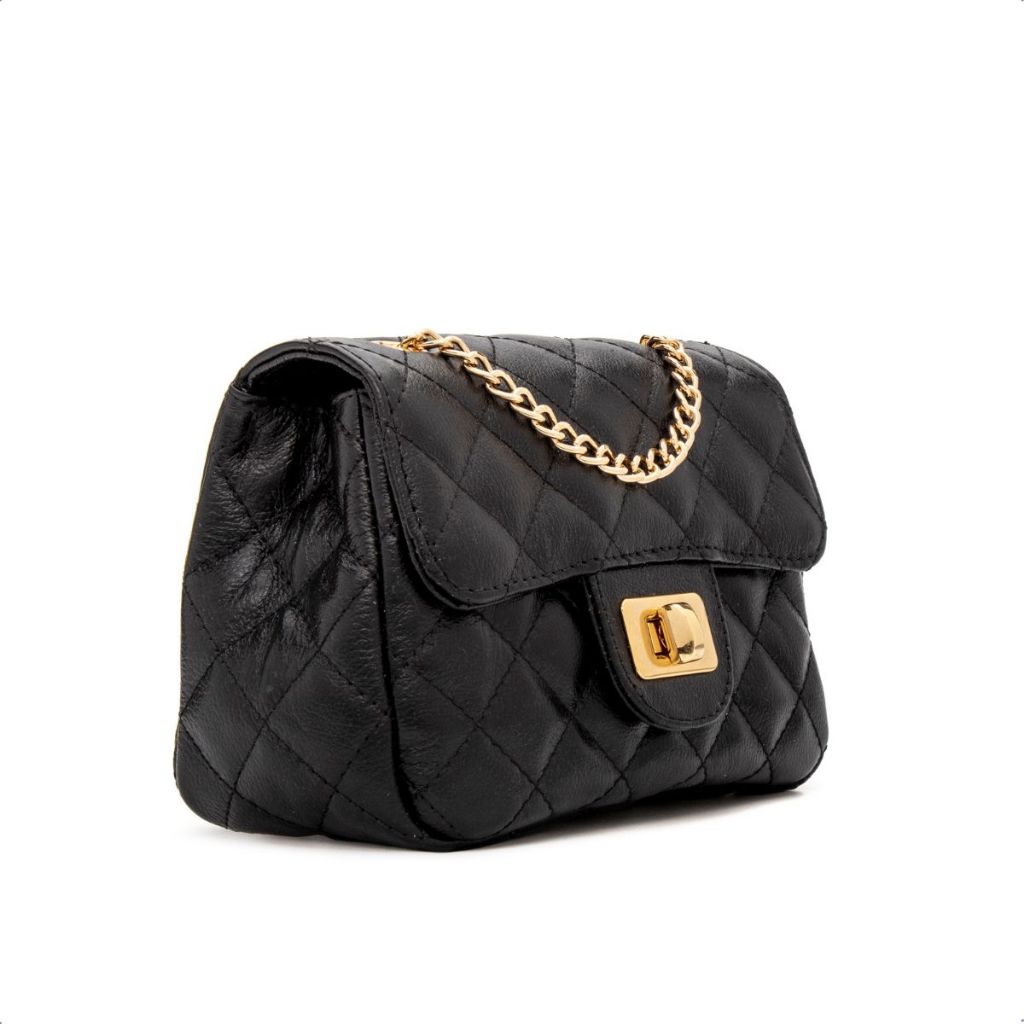 Bolsa Feminina Couro Legítimo Matelassê Pequena Corrente Dourada