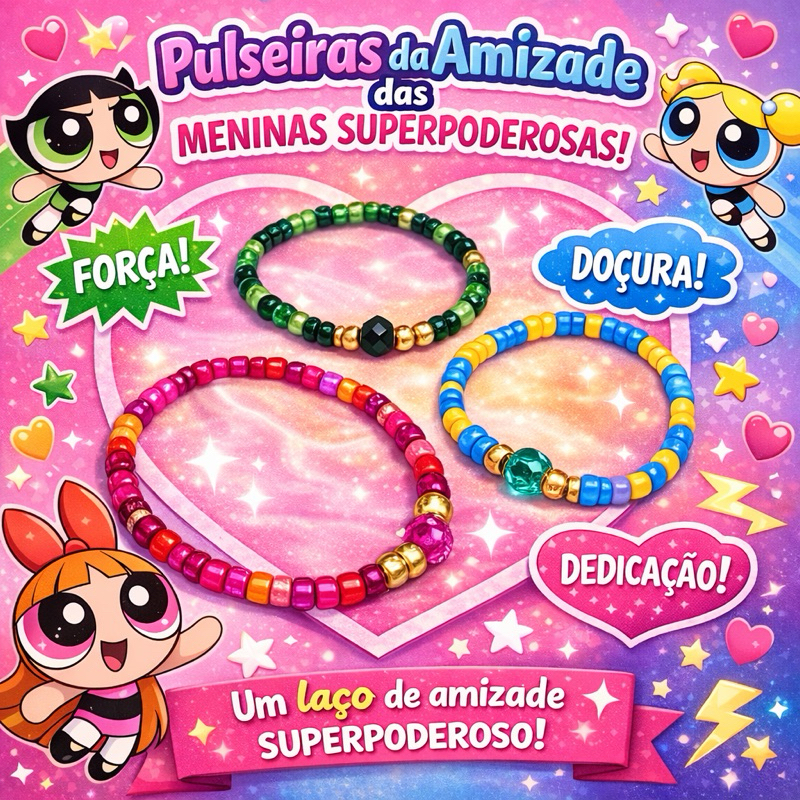 Pulseira da Amizade - Meninas Super Poderosas, Trio da Amizade, fantasia🩷🩵💚