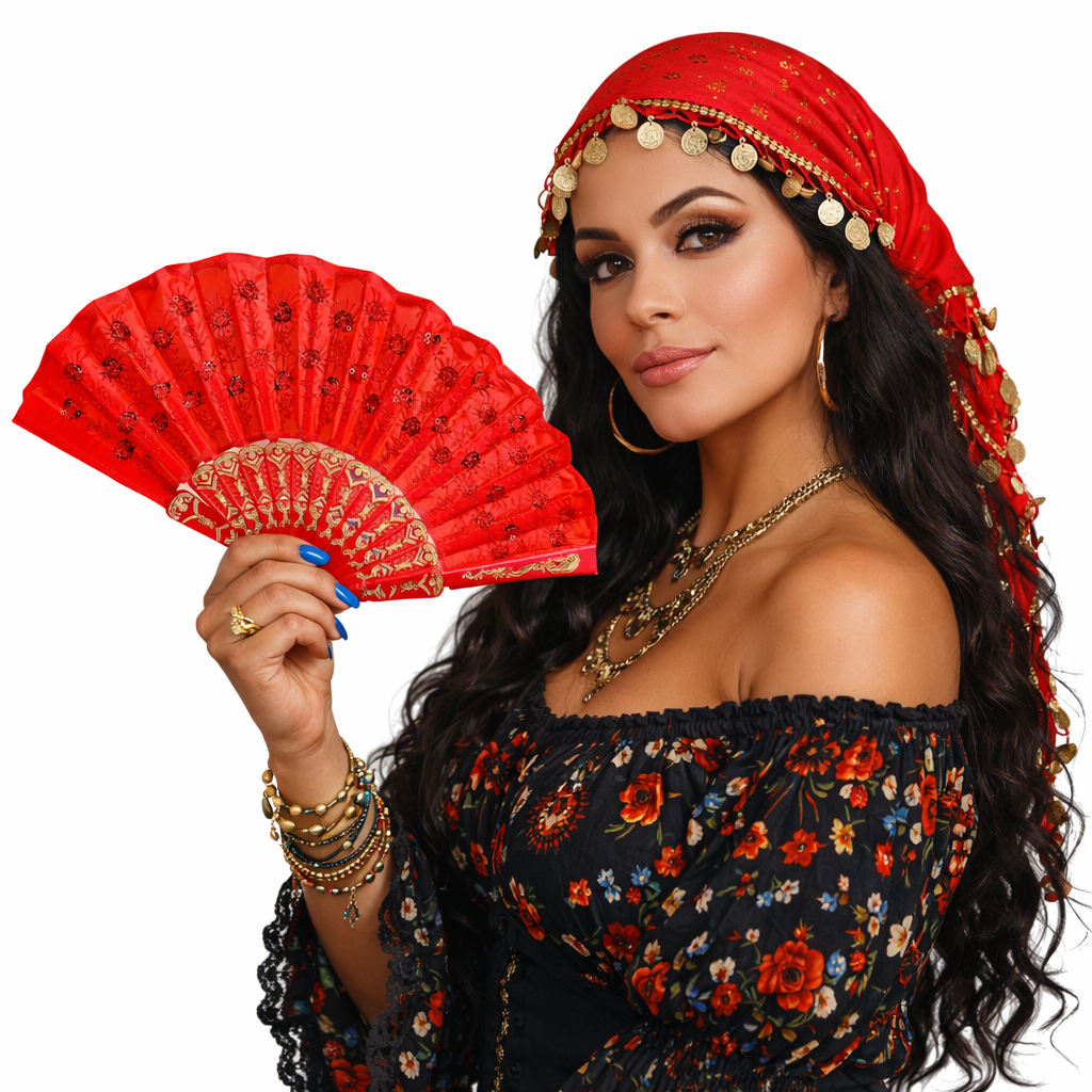 Leque Luxo Bordado Paetê Vermelho Pomba Gira Cigana Promoção