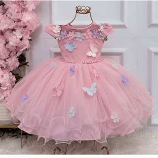 Vestido infantil luxo jardim encantado com apliques de borboletas, Rosa, lilás 1 ao 4 anos em Oferta na Shopee