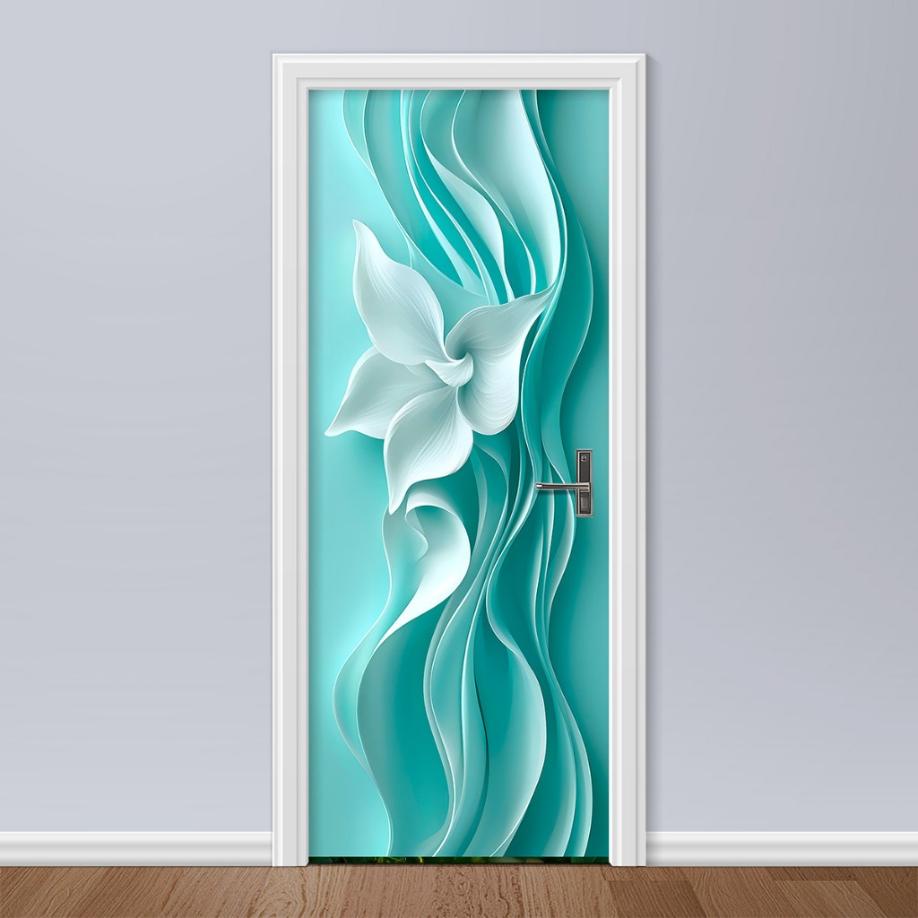 Adesivo de porta Flor Em Movimento Abstrato 3D Azul Turquesa Moderno Decorativo Vinil Autocolante