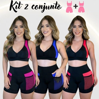 Kit Com 2 Conjunto Academia Feminina Top com Short Cintura Alta e Modeladora look Moderno em Oferta na Shopee