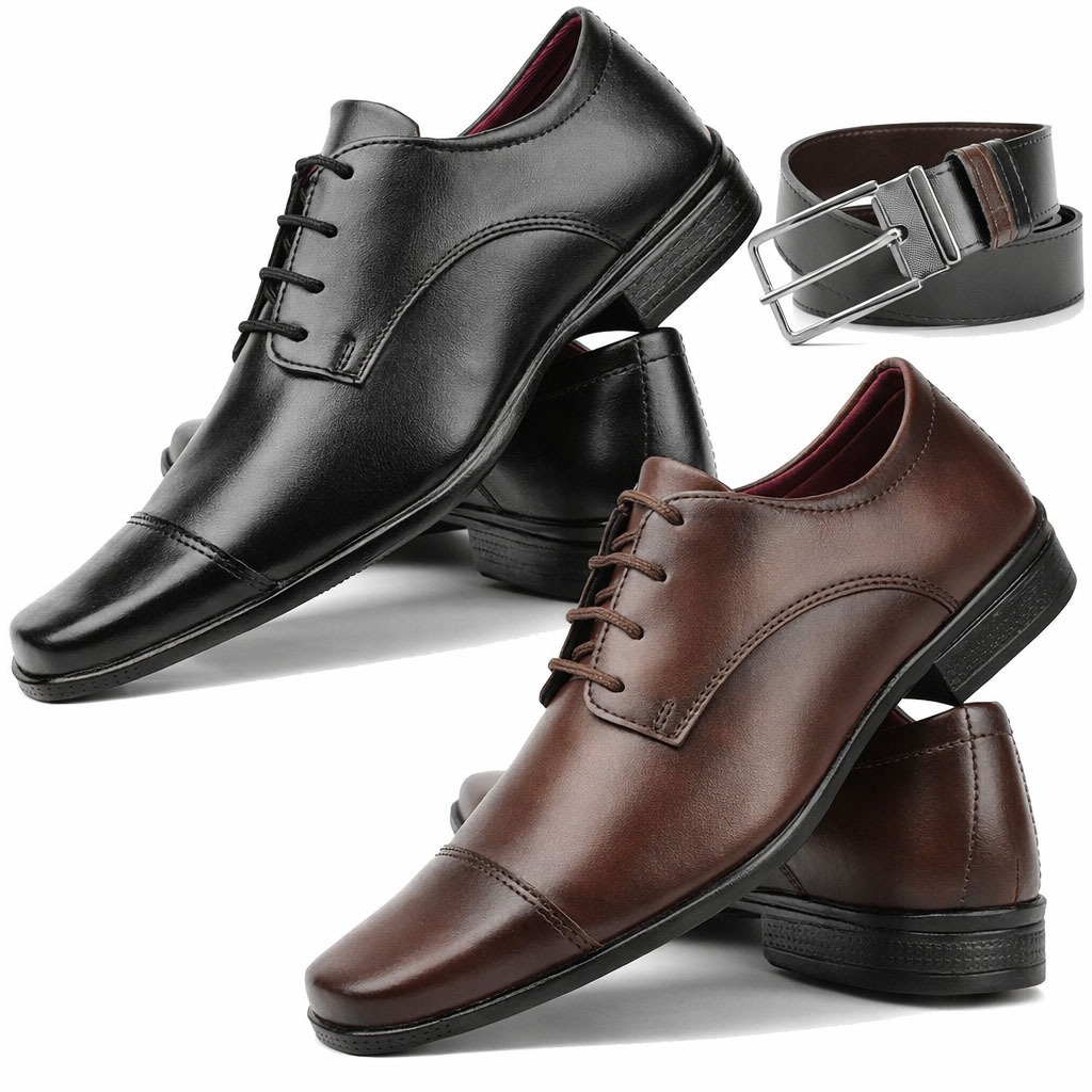 Kit 2 Pares Sapato Social Masculino Preto E Marrom + Cinto