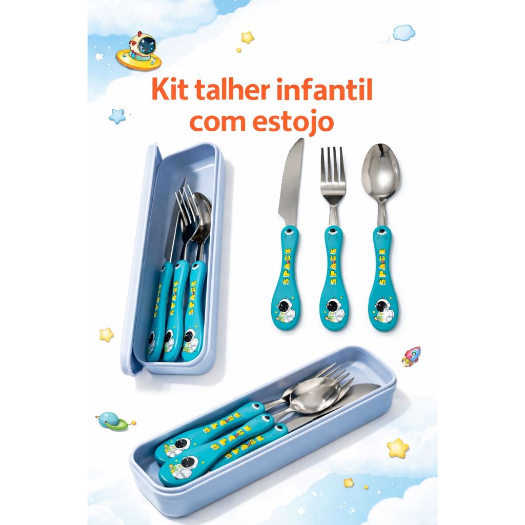 Kit Estojo Talher Infantil 3 Peças Aço Inox Espacial Colorido Criança Conjunto Colher Garfo Faca em Oferta na Shopee