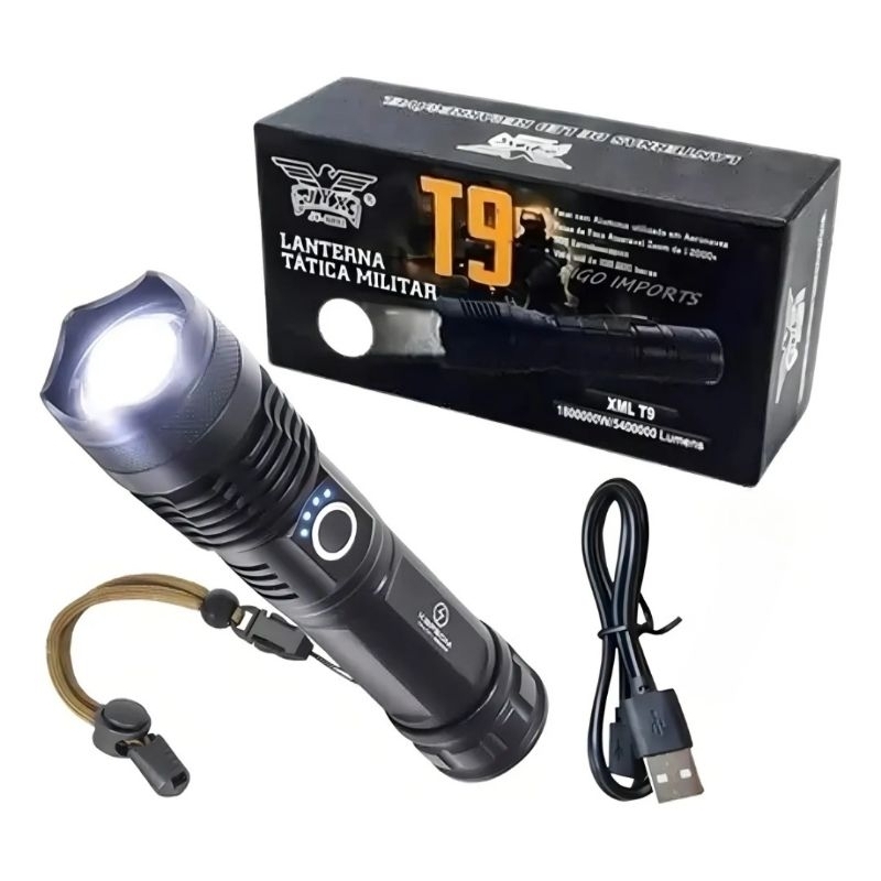 ​Lanterna Tática Militar T9 LED XML Profissional Potente Recarregável USB Com Zoom À Prova D'água