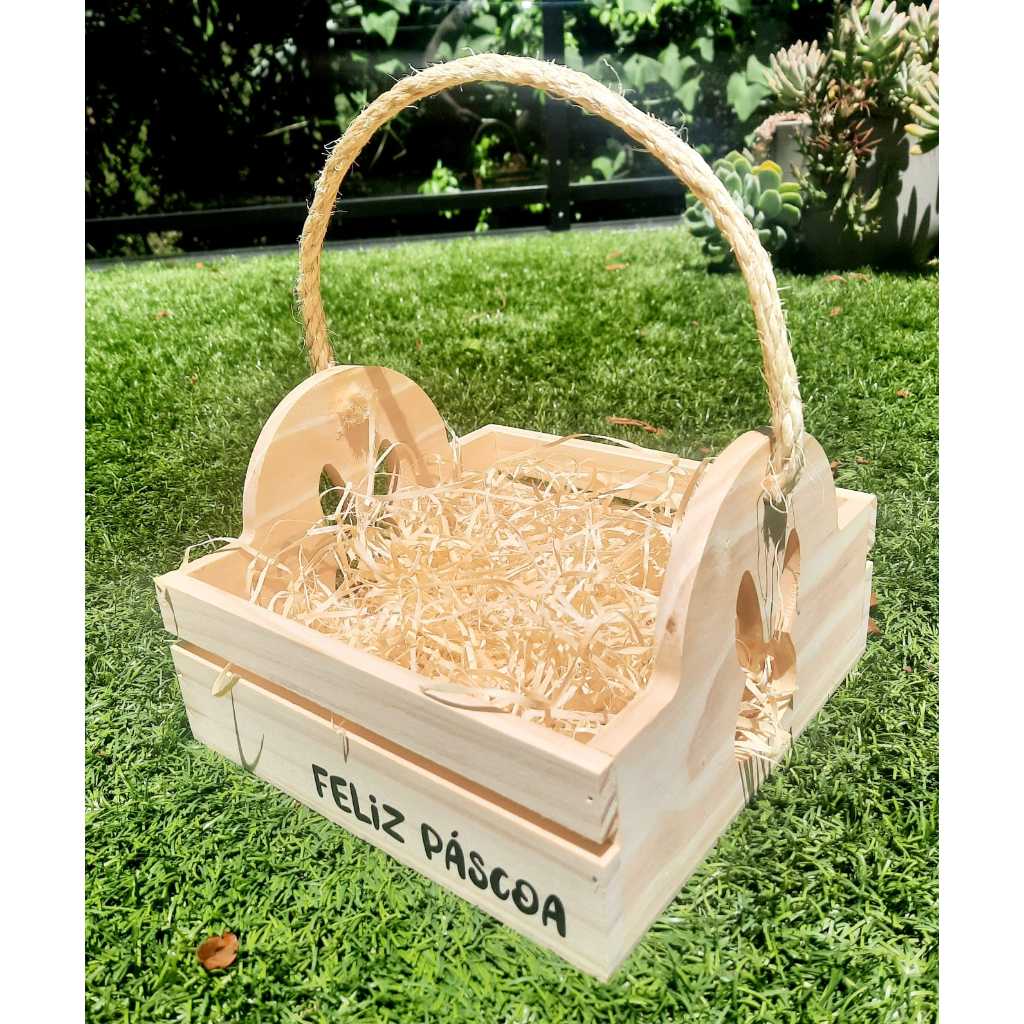 Páscoa Cesta em pinus com alça de corda e detalhe de coelho, elegante, resistente e ideal para presentes especiais