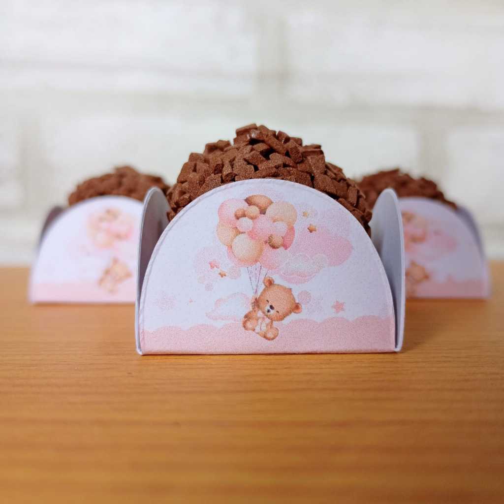 50 Forminhas Personalizadas de Doce Brigadeiro 4 Pétalas Festa, Aniversário Chá Bebê Revelação Ursinho Rosa