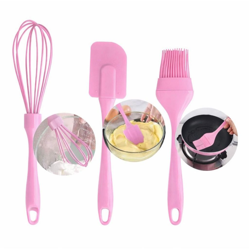 Kit Utensílios de Cozinha Silicone 3 Peças | Espátula Pincel e Batedor Fouet | Kit Preparo para Confeitaria e Culinária
