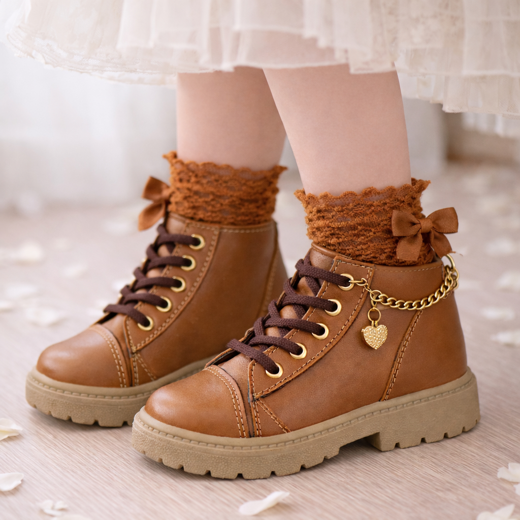 Coturno Bota Infantil Feminina Verniz com Detalhes de Corrente e Pingente Dourada, Laço e Solado Tratorado