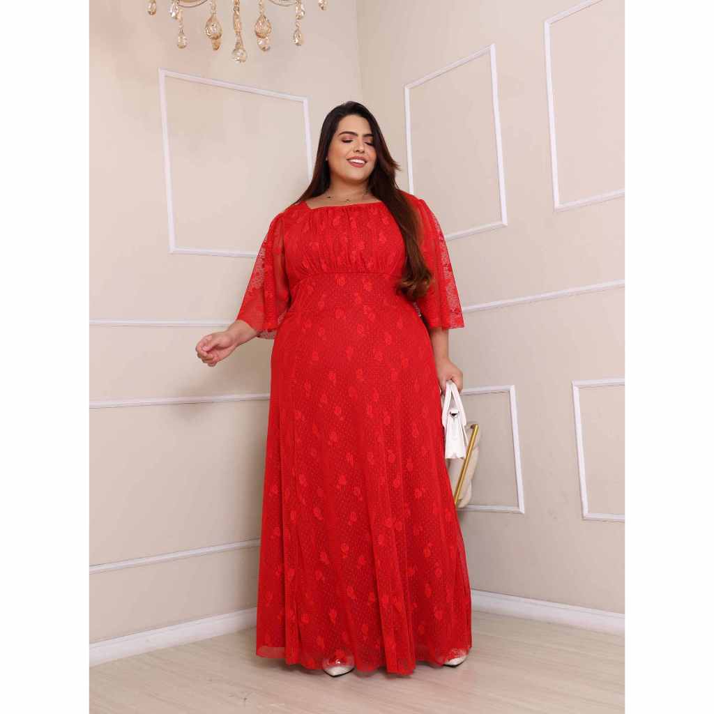 VESTIDO PLUS SIZE LONGO EM TULE FORRADO MANGA FLER MODA FEMENINO E EVANGELICO