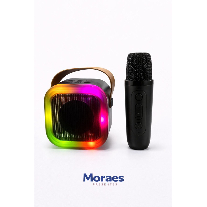 Caixa de som Bluetooth com microfone, ideal para karaokê. Som potente, portátil e prática. Moraes Presentes.
