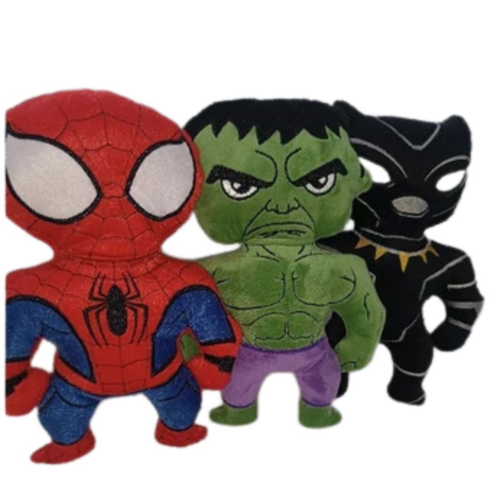 Trio de Bonecos Homem Aranha Hulk Pantera Negra em Pelúcia Personagem Brinquedo Infantil