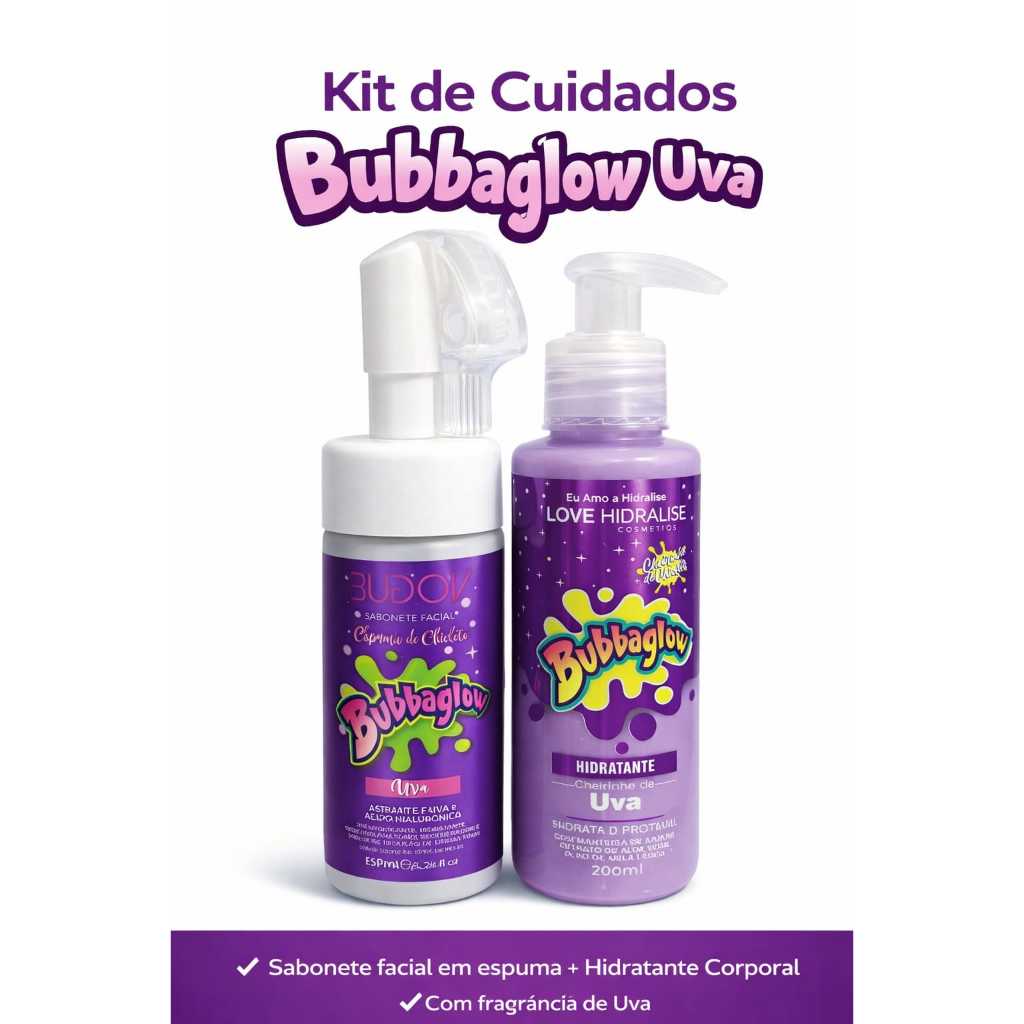 Kit limpeza de Pele - Bubbaglow - Uva e Morango - Sabonete Facial - Hidratante Corporal e Facial
