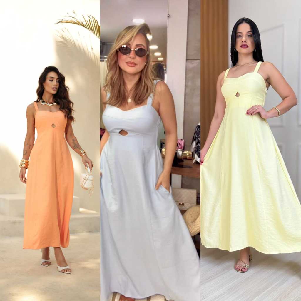 VESTIDO LONGO FEMENINO ALCA LARGA DECOTR CUADRADOCON RECORTE ELEGANTE CASUAL FESTA