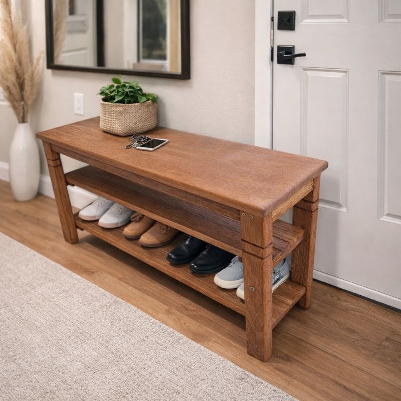 Banco sapateira Organizador de Calçados duas prateleiras madeira maciça angelim envernizada em Oferta na Shopee