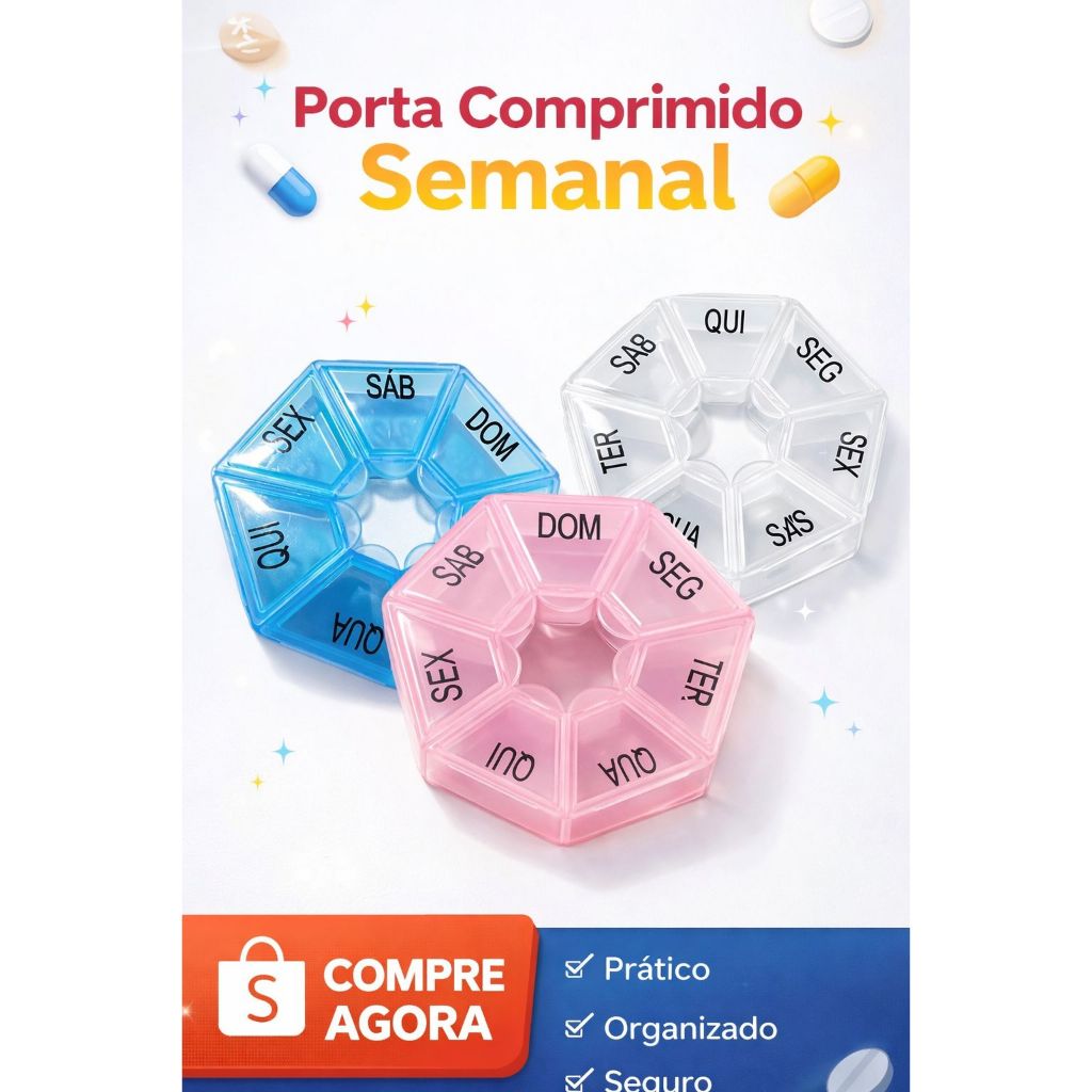 Porta Comprimido Estojo Caixa Organizadora Semanal Remédio Diário 7 Dias Medicamento Divisórias em Oferta na Shopee