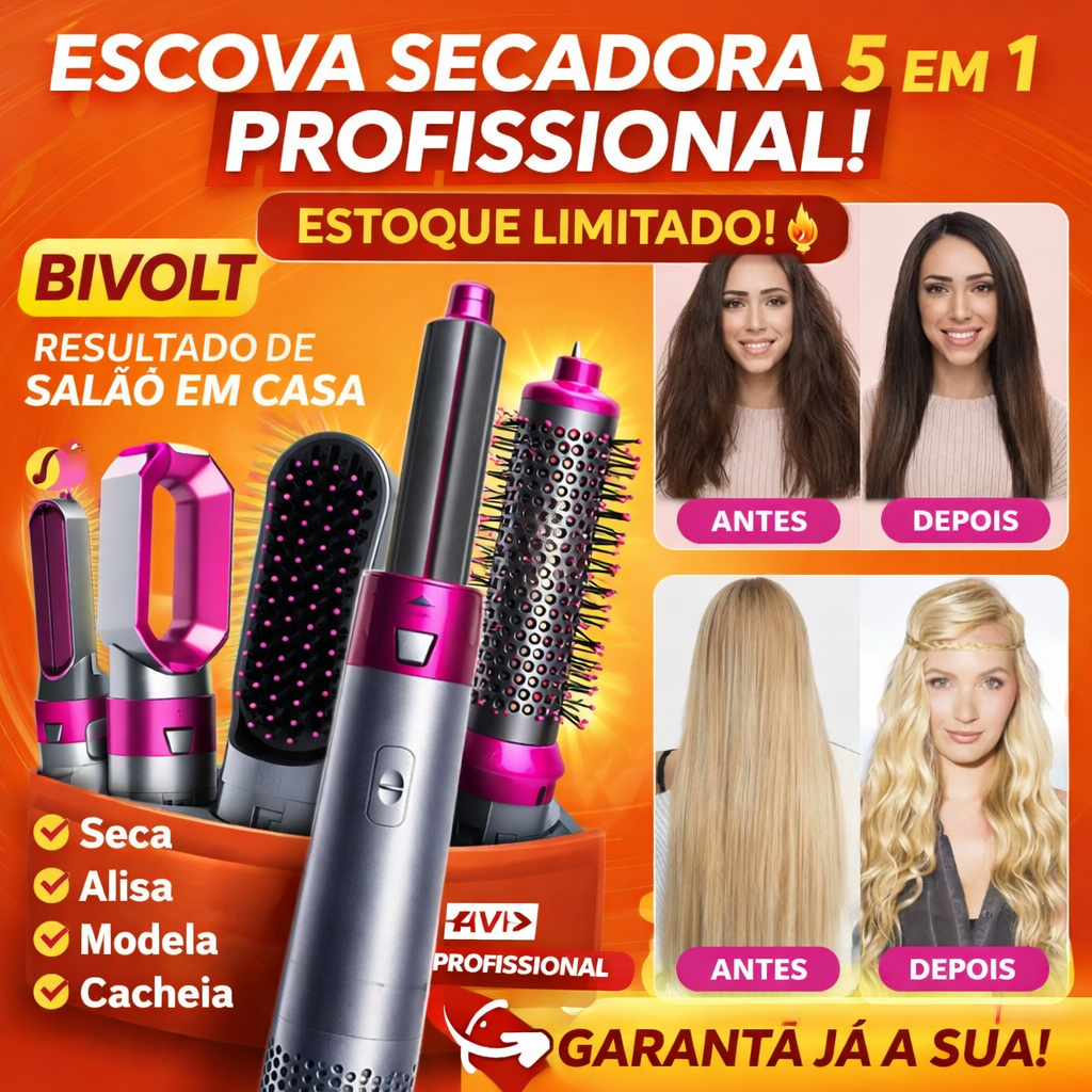 Escova Secadora 5 em 1 Bivolt Profissional – Potência 1000W  Tensão : 110 volts