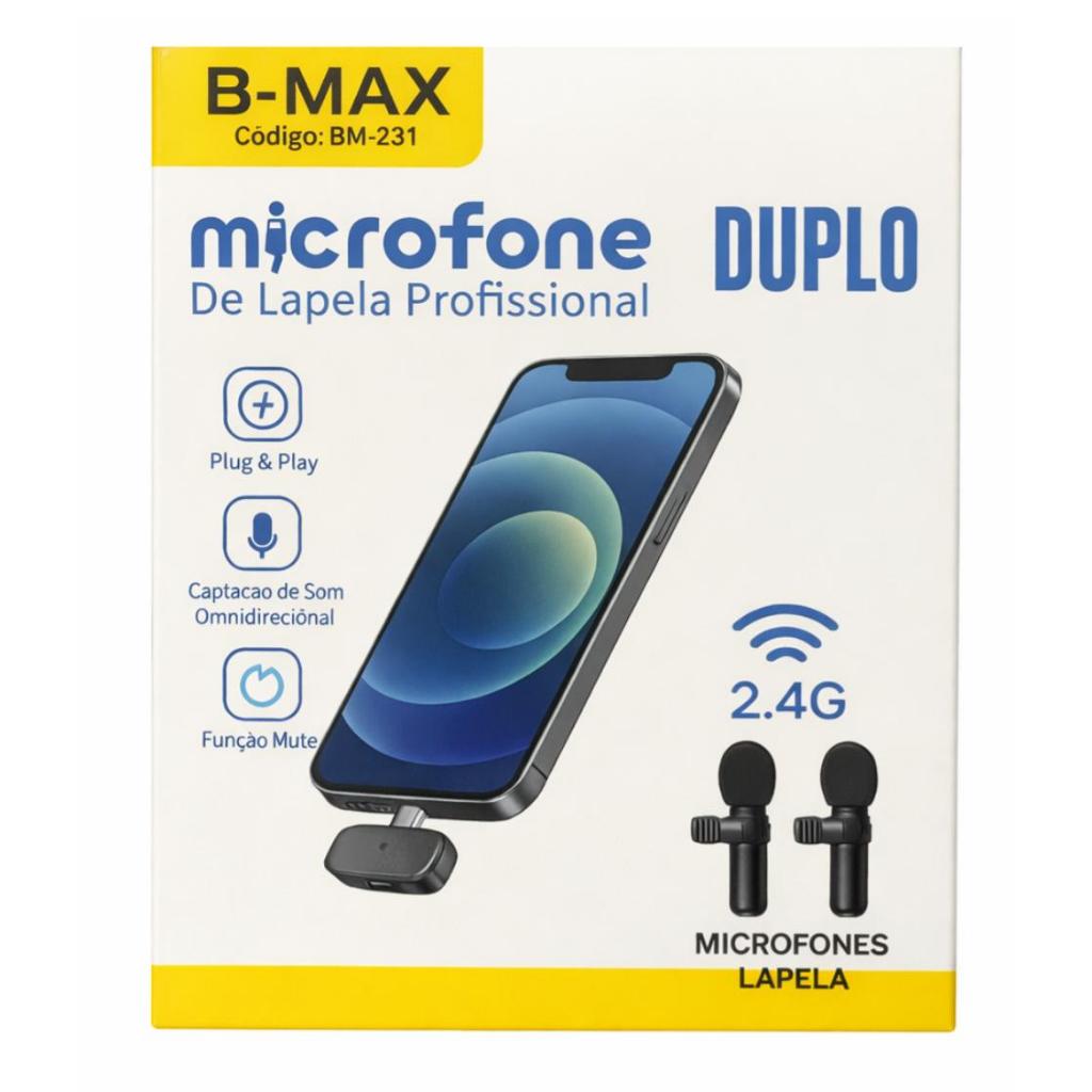 Microfone De Lapela Duplo iPhone Android Longo Alcance Tipo C Lighting Sem Fio Profissional K9