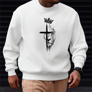 Moletom Masculino Blusa de Frio Gola Careca Estampado Leão Cruz Coroa 100% Algodão Quente e Confortável em Oferta na Shopee
