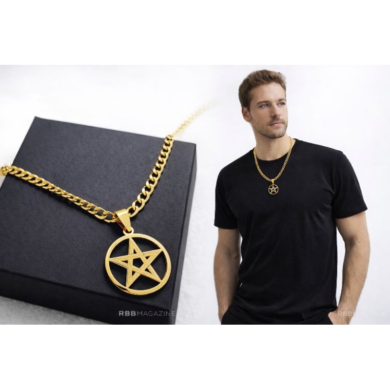 Corrente Masculina Dourada com Pingente Estrela de Cinco Pontas - Estrela  de Davi - Pentagrama