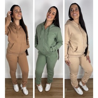 Conjunto Moletom Feminino Flanelado Zíper Capuz Premium Confortável em Oferta na Shopee