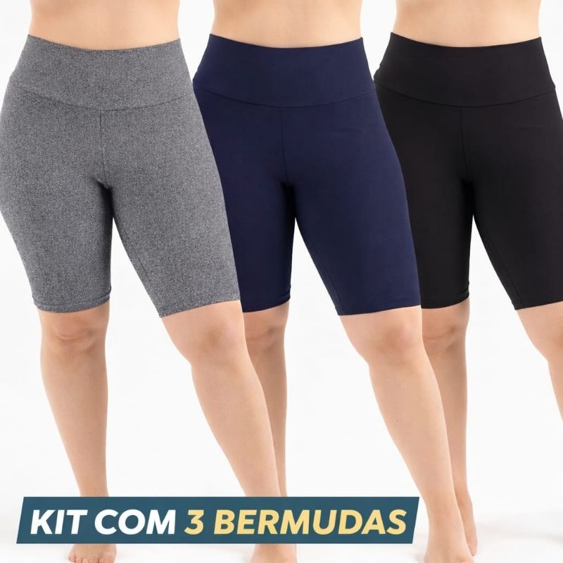 Kit 3 Bermudas Femininas Ciclista Suplex Cós Alto Zero Transparência Academia Fitness P ao G6 Plus Size