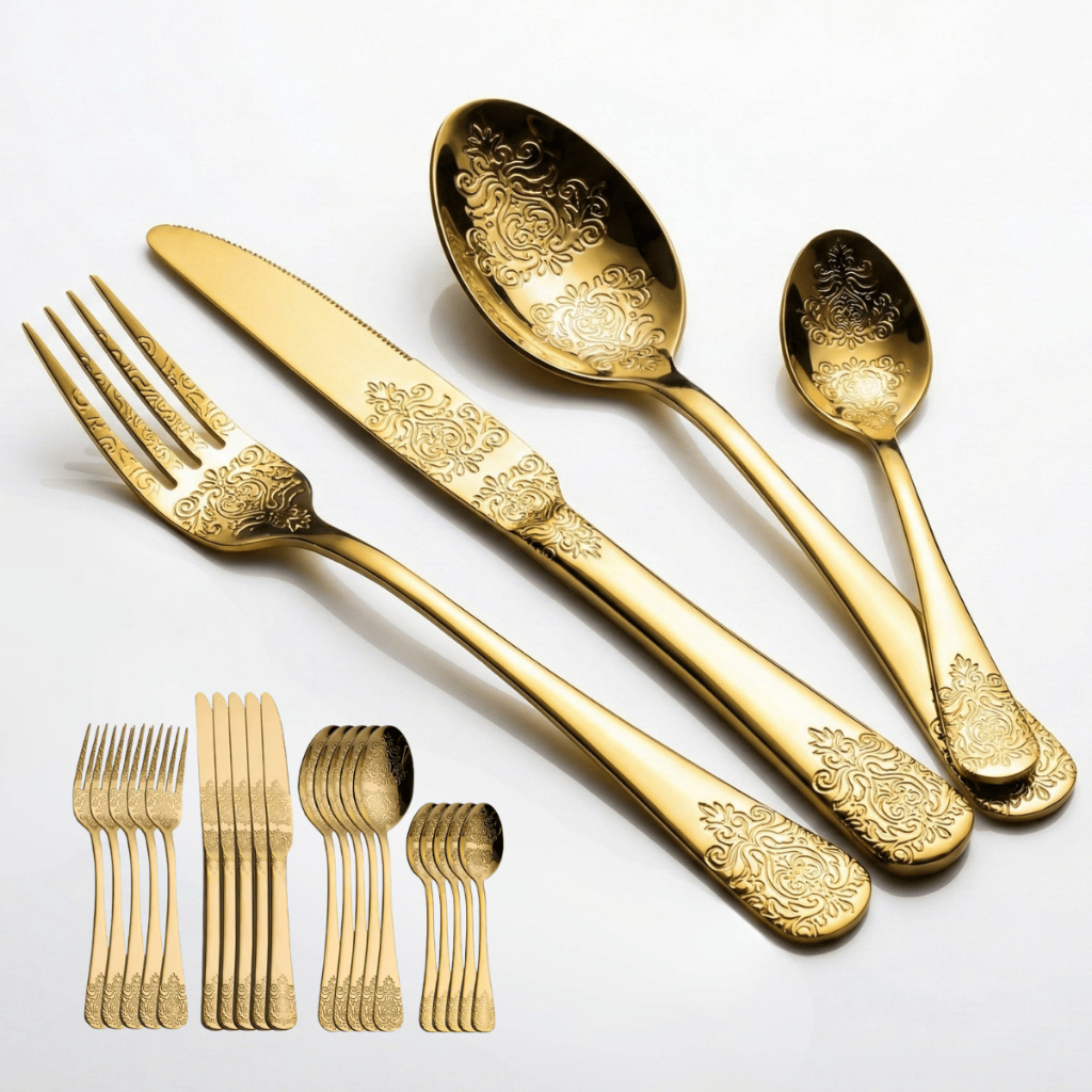 Conjunto de Talheres Dourado Luxo 24 Peças Aço Inox Premium Mesa Posta Desenhado