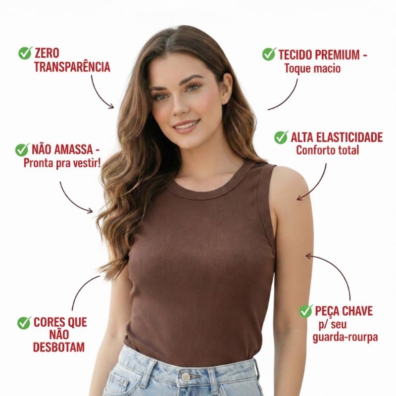 Regata Feminina Canelada Blusa Básica Poliéster Diversas Cores Confortável Envio Rápido