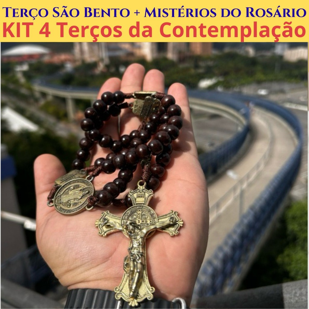 Kit 1 a 4 Terço Católico De São Bento Da Contemplação Dos Mistérios – Madeira com Medalhas dos Mistérios e Cruz Bronze