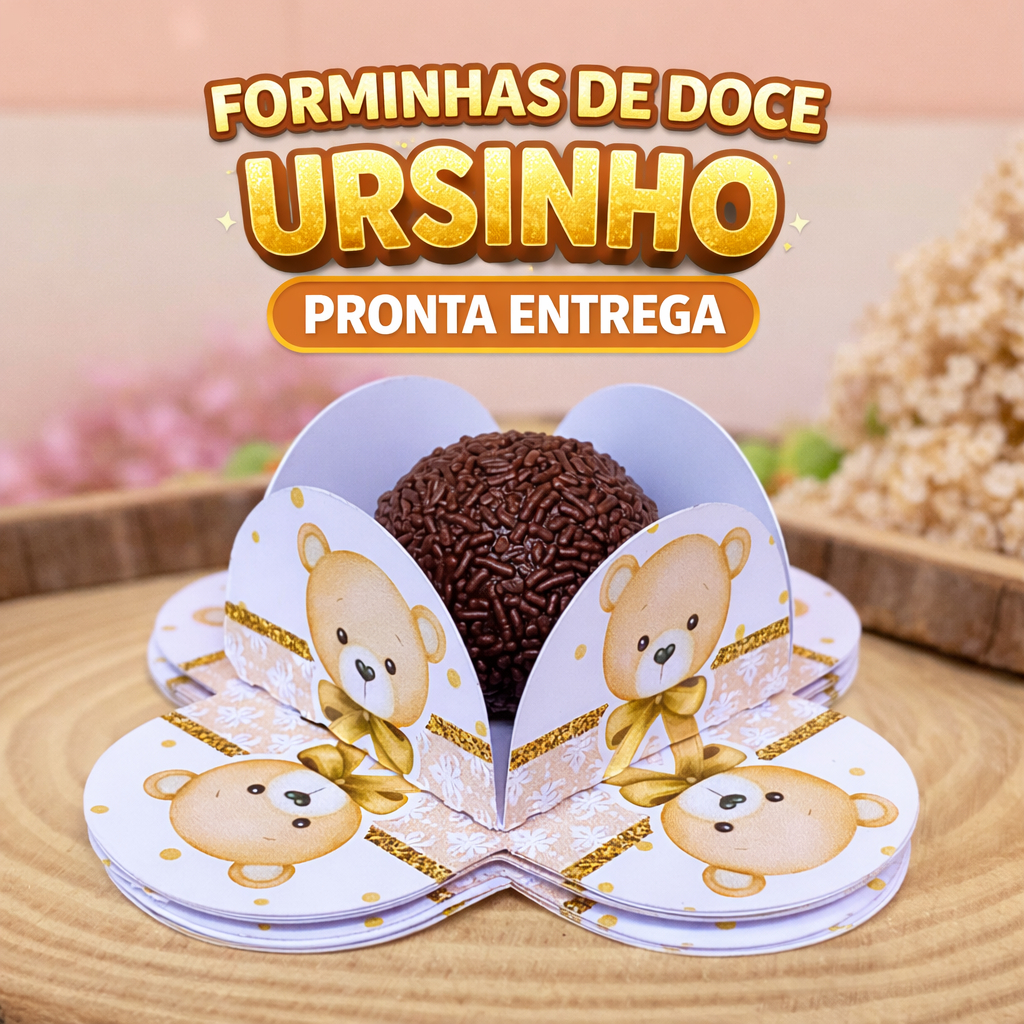 100 Forminhas para doces Chá de Bebê Ursinho Marrom , 4 pétalas brigadeiro Festa infantil Doces Aniversario