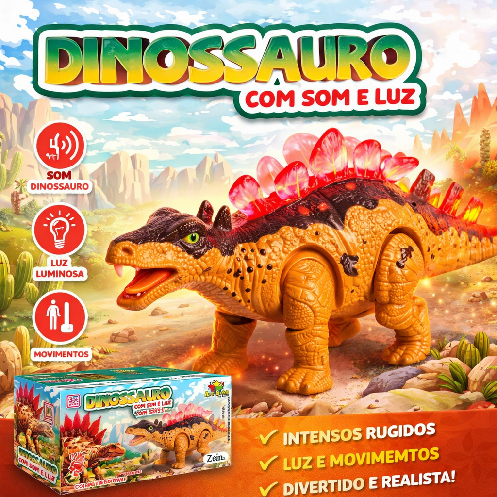 Dinossauro a Pilhas - Emite Luz e Som Stegosaurus Brinquedo Anda e Emite Som