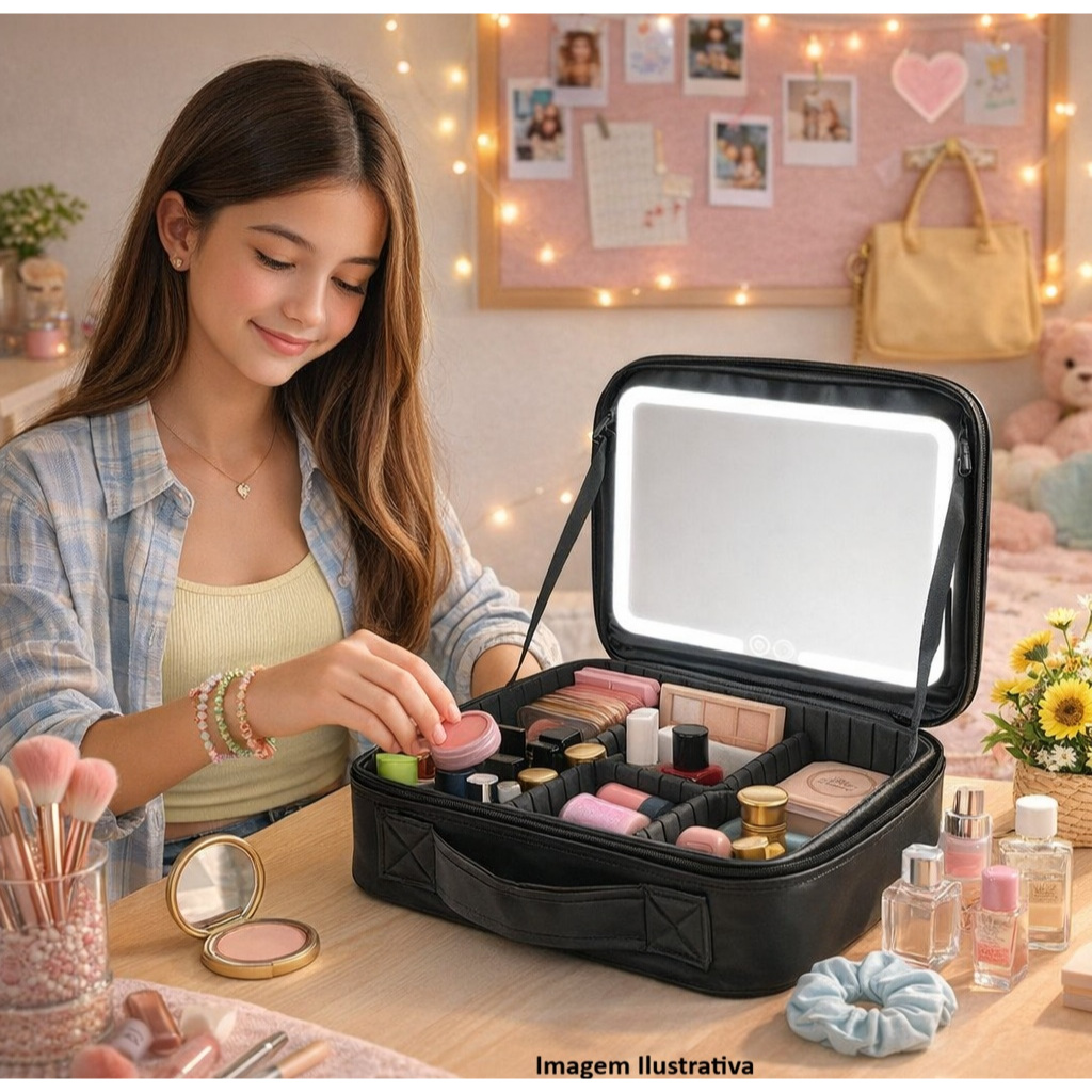 Necessaire com Espelho LED e 12 Compartimentos – Organização e Praticidade em Qualquer Lugar