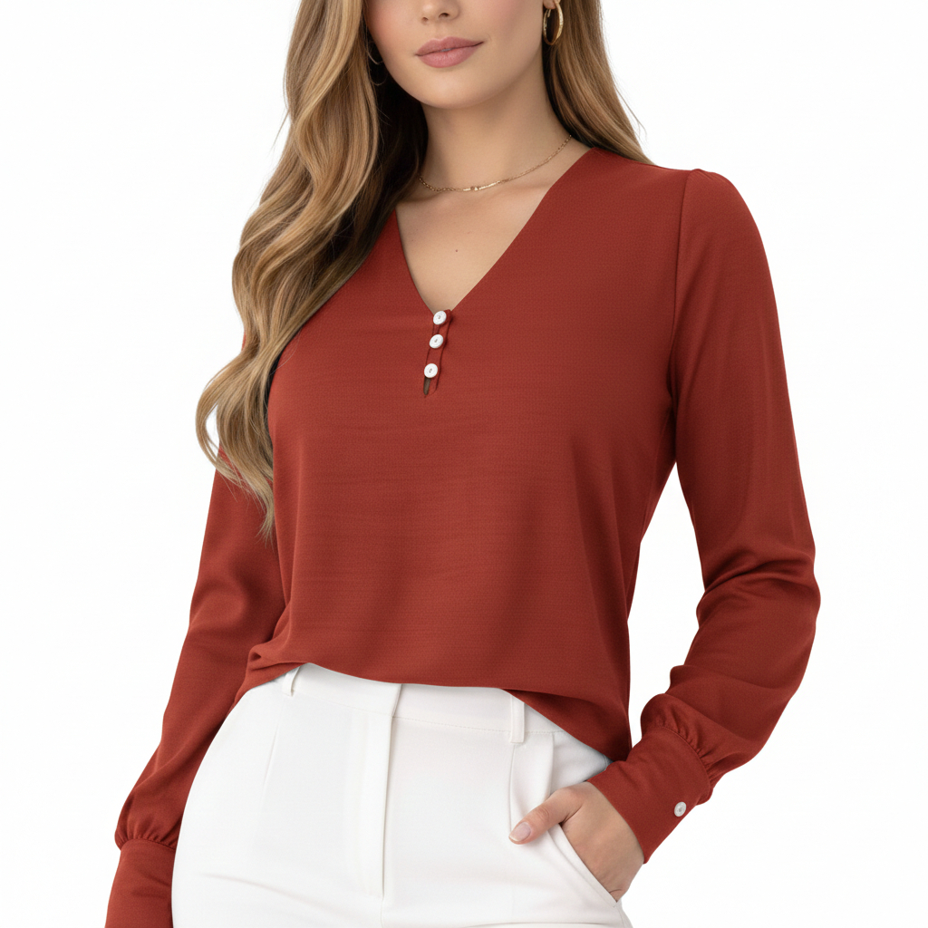 CAMISA SOCIAL FEMININA MANGA LONGA LISA TECIDO DUNA BOTÕES em Oferta na Shopee