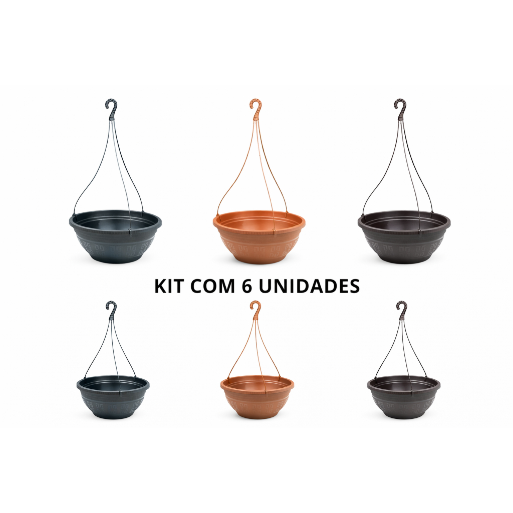 Kit 6 Vasos Cuia Redondos 6L com Alça 50cm – Vaso Plástico Suspenso para Plantas